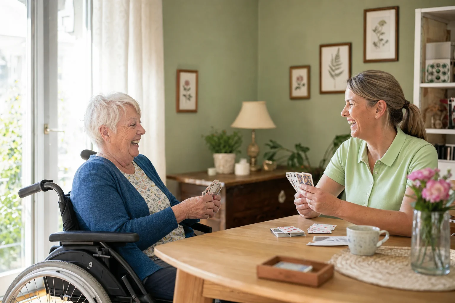 Ein Senior im Rollstuhl wird von seiner Betreuungskraft begleitet